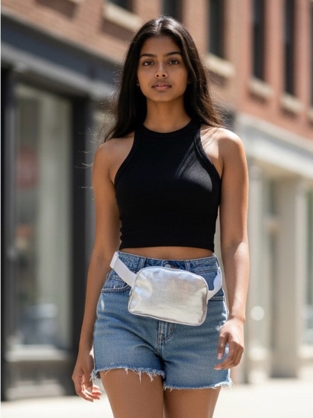 NWT Silver Metallic Belt Bag with Adjustable White Strap